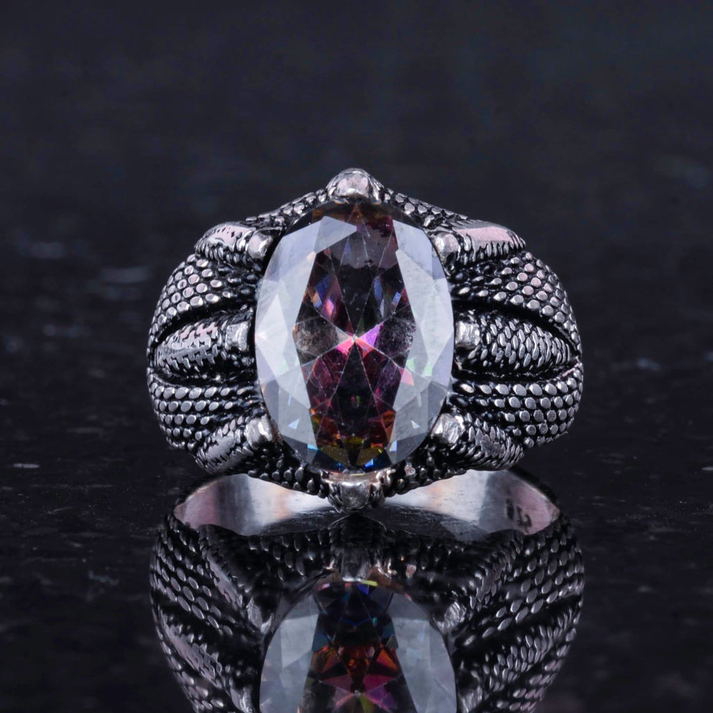 KAMBO Sterling Silver Claw Ring with Created Mystic Topaz – Handmade 925 Sterling Silver Ring for Sagittarius Balance an