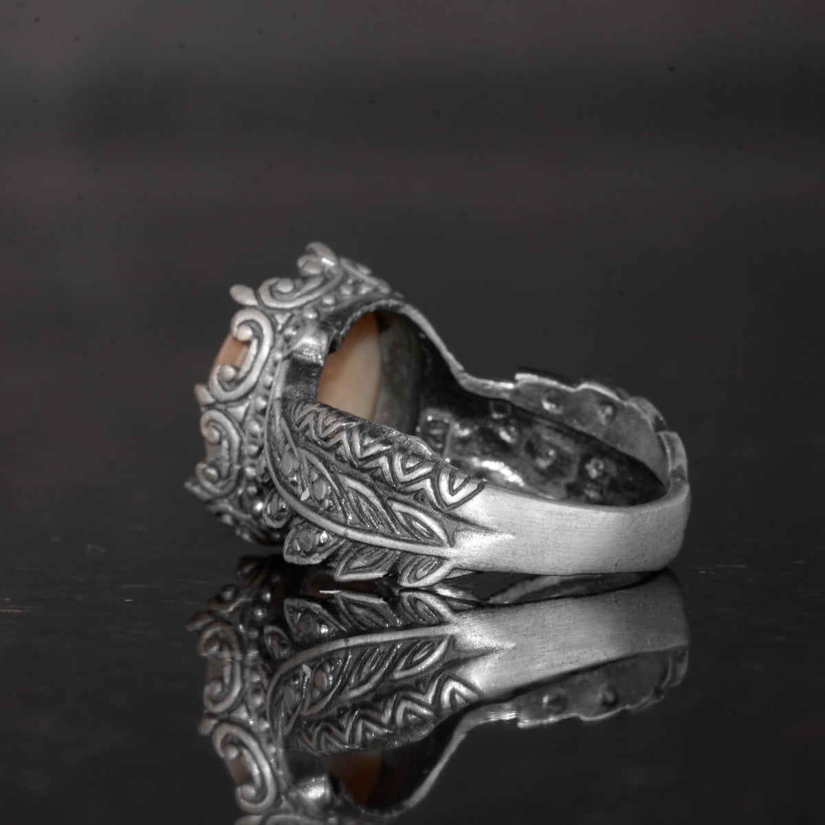 Handmade 925 Sterling Silver Men's Ring Natural Opal Stone - Leaf Pattern Ring — 7
