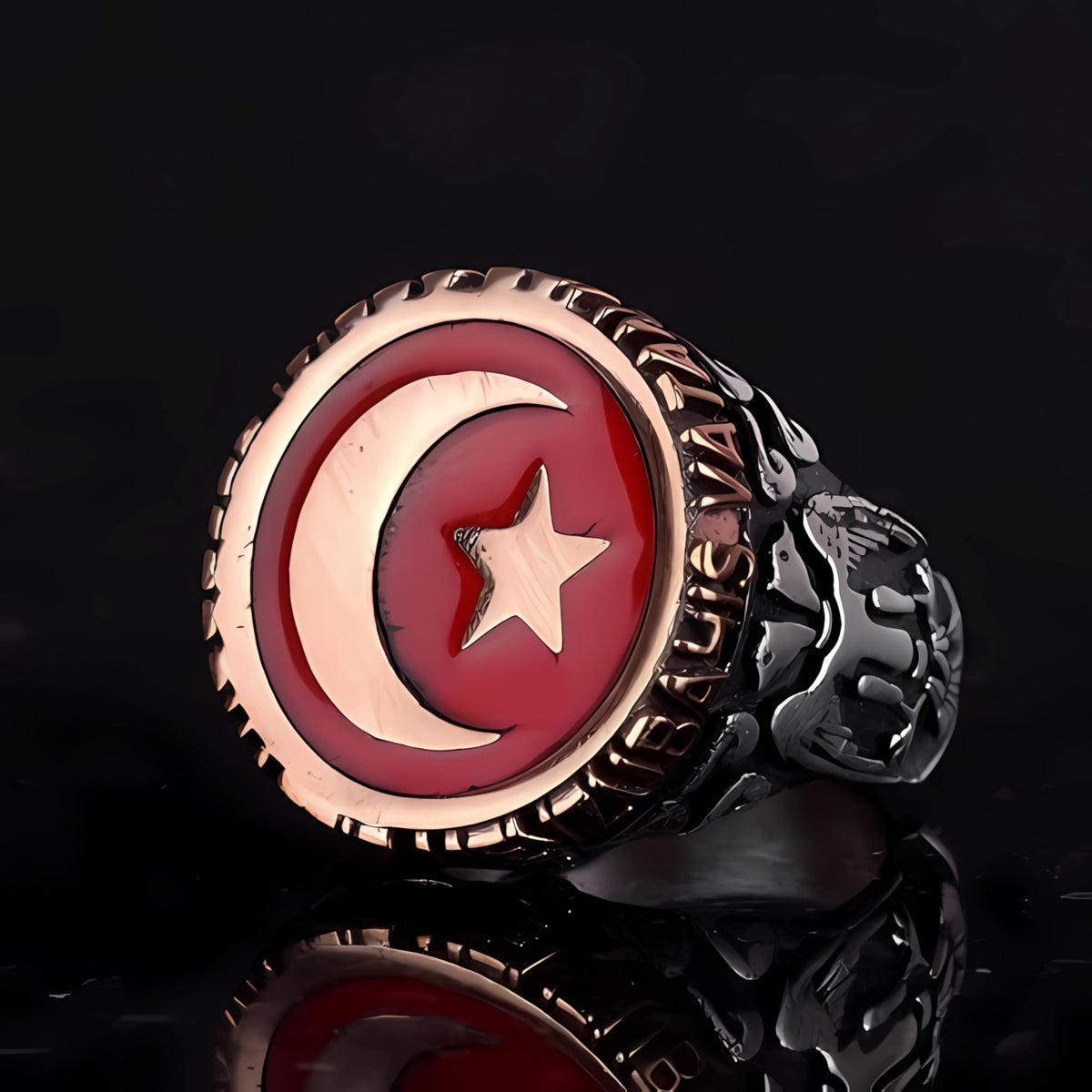KAMBO Jewelry Handmade 925 Sterling Silver Men's Ring - Turkish Crescent and Star Moonstar Flag Design, Vintage Statemen
