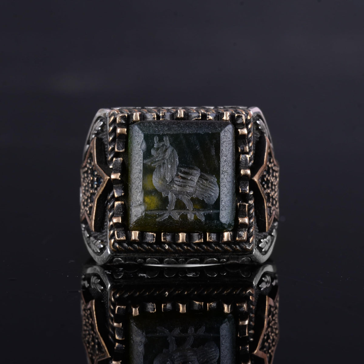 KAMBO Natural Agate Stone Men's Ring – 925 Sterling Silver Star Side Designed Square Motif Ring (Bird Engraved) — 4