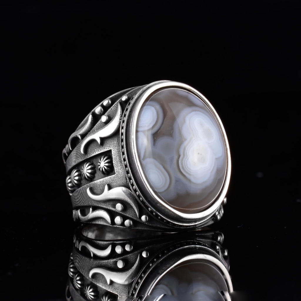 KAMBO Men's Natural Agate Ring – 925 Sterling Silver Flower Pattern Ring – Handmade Vintage Style Men's Statement Ring (Agate-1) — 6