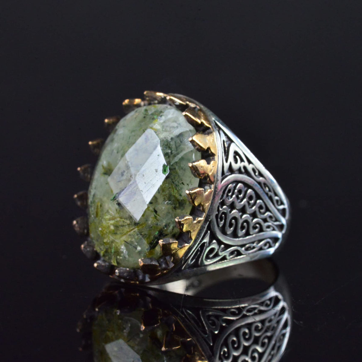 Natural Prehnite Stone Ring, 925 Sterling Silver Men's Ring, Handmade Design — 3