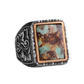 KAMBO Natural Turquoise Stone Men's Ring - 925 Sterling Silver Ring - Square Turquoise Stone Ring - Bronze Detail Men's Jewelry - Handmade Statement Ring