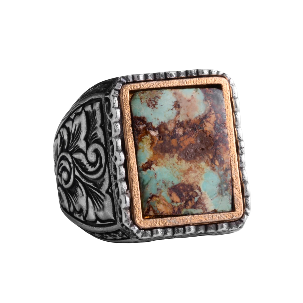 KAMBO Natural Turquoise Stone Men's Ring - 925 Sterling Silver Ring - Square Turquoise Stone Ring - Bronze Detail Men's Jewelry - Handmade Statement Ring