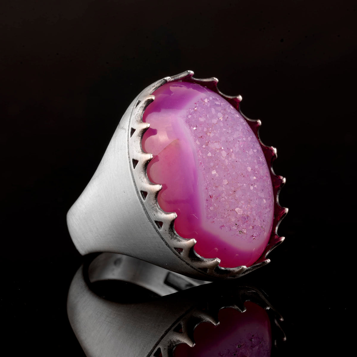 Silver Men's Ring with Drusy Quartz - Shiny Stone Collection — 6