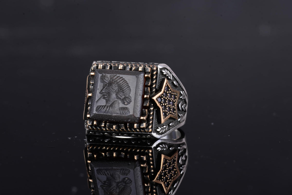 KAMBO Natural Agate Stone Men's Ring – 925 Sterling Silver Star Side Designed Square Motif Ring (Warrior) — 5