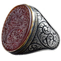 KAMBO Islamic Red Agate Ring, Handmade 925 Sterling Silver Men's Ring, Intricate Patterned Artisan Jewelry