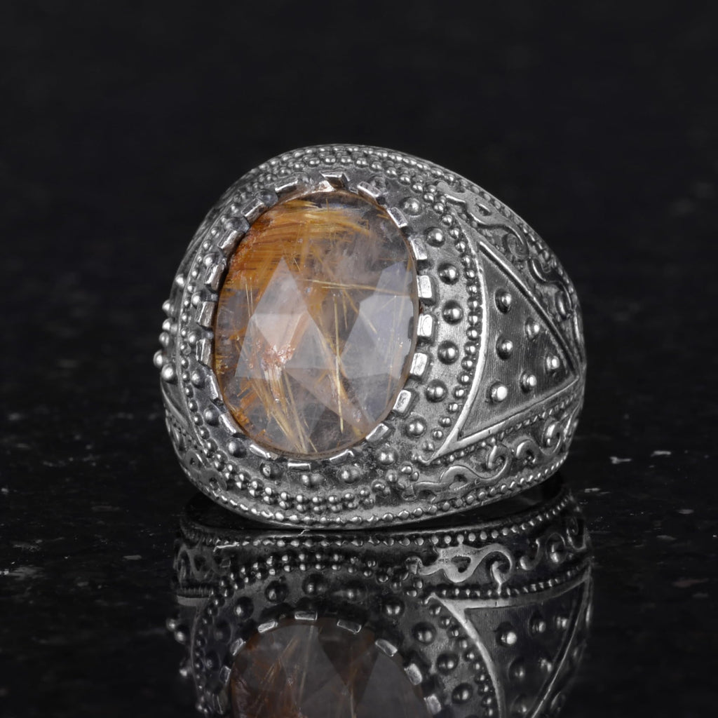 Natural Stone Ring, 925 Sterling Silver Men's Ring (Rutilated Quartz) — 6