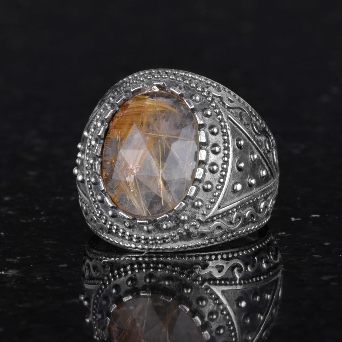 Natural Stone Ring, 925 Sterling Silver Men's Ring (Rutilated Quartz) — 6