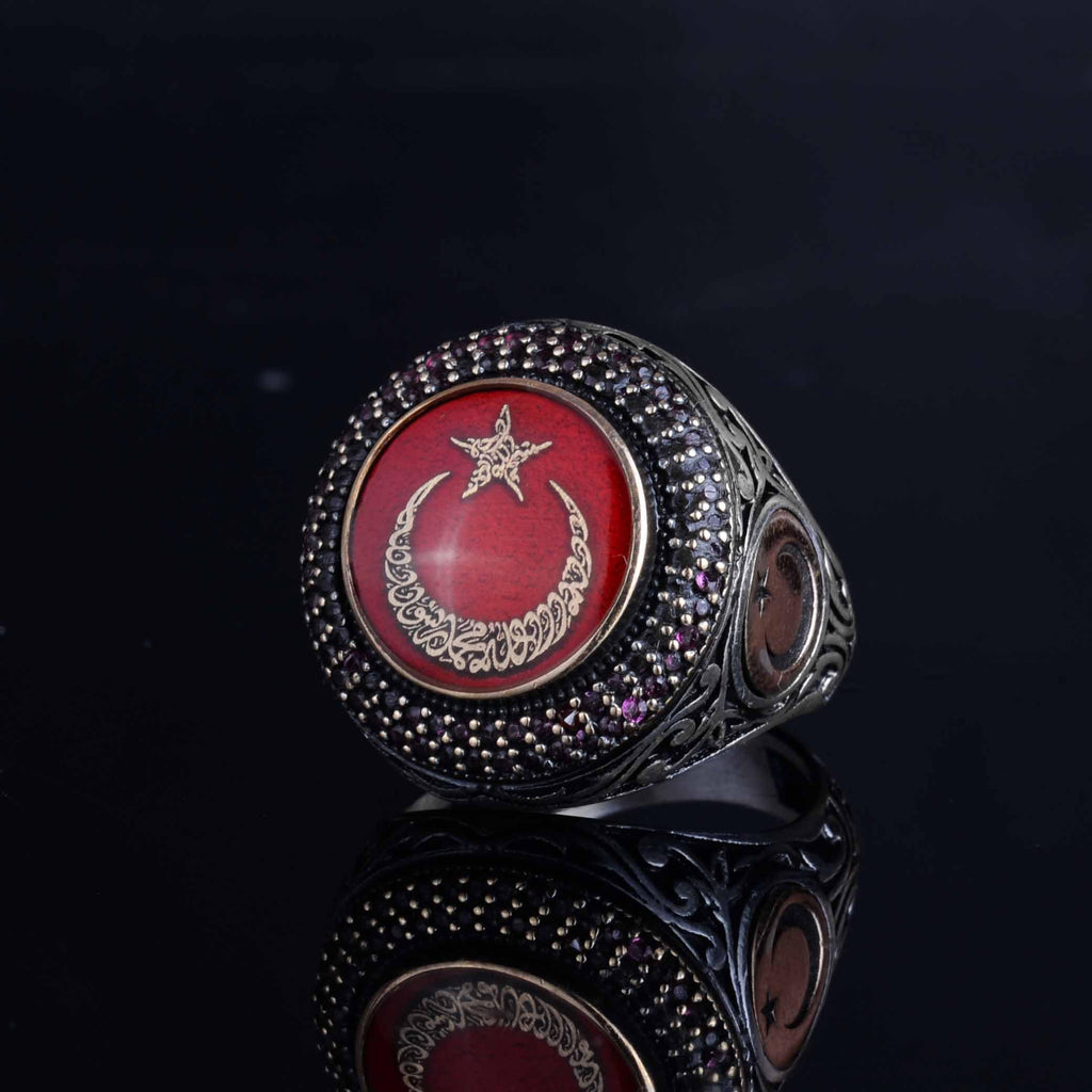 KAMBO Handmade 925 Sterling Silver Men’s Ring, Unique Vintage Star and Crescent Flag Design, Statement Jewelry, Customiz