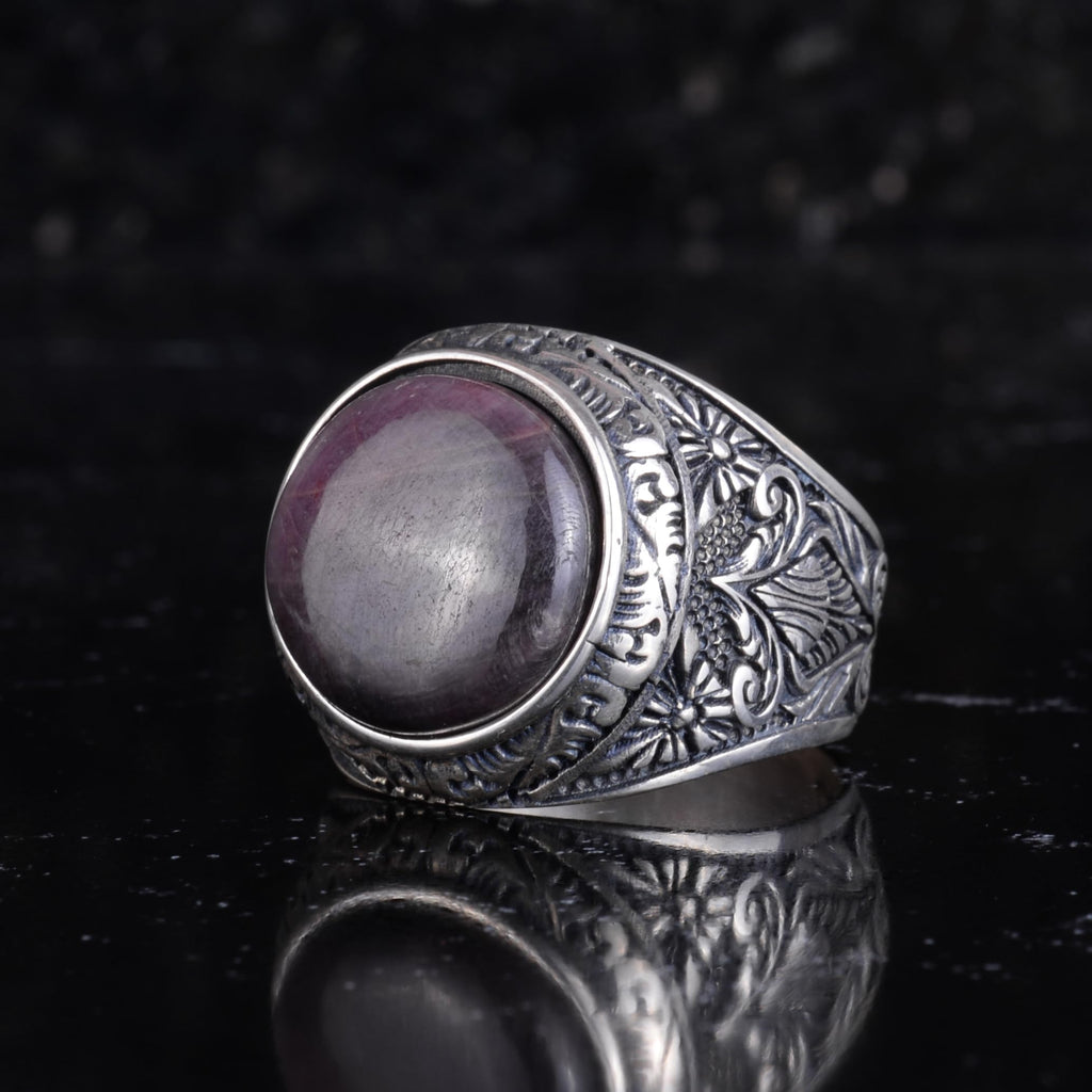 KAMBO Natural Ruby Stone Ring for Men 925 Sterling Silver Handmade Statement Ring Oval Cabochon Ruby — 5