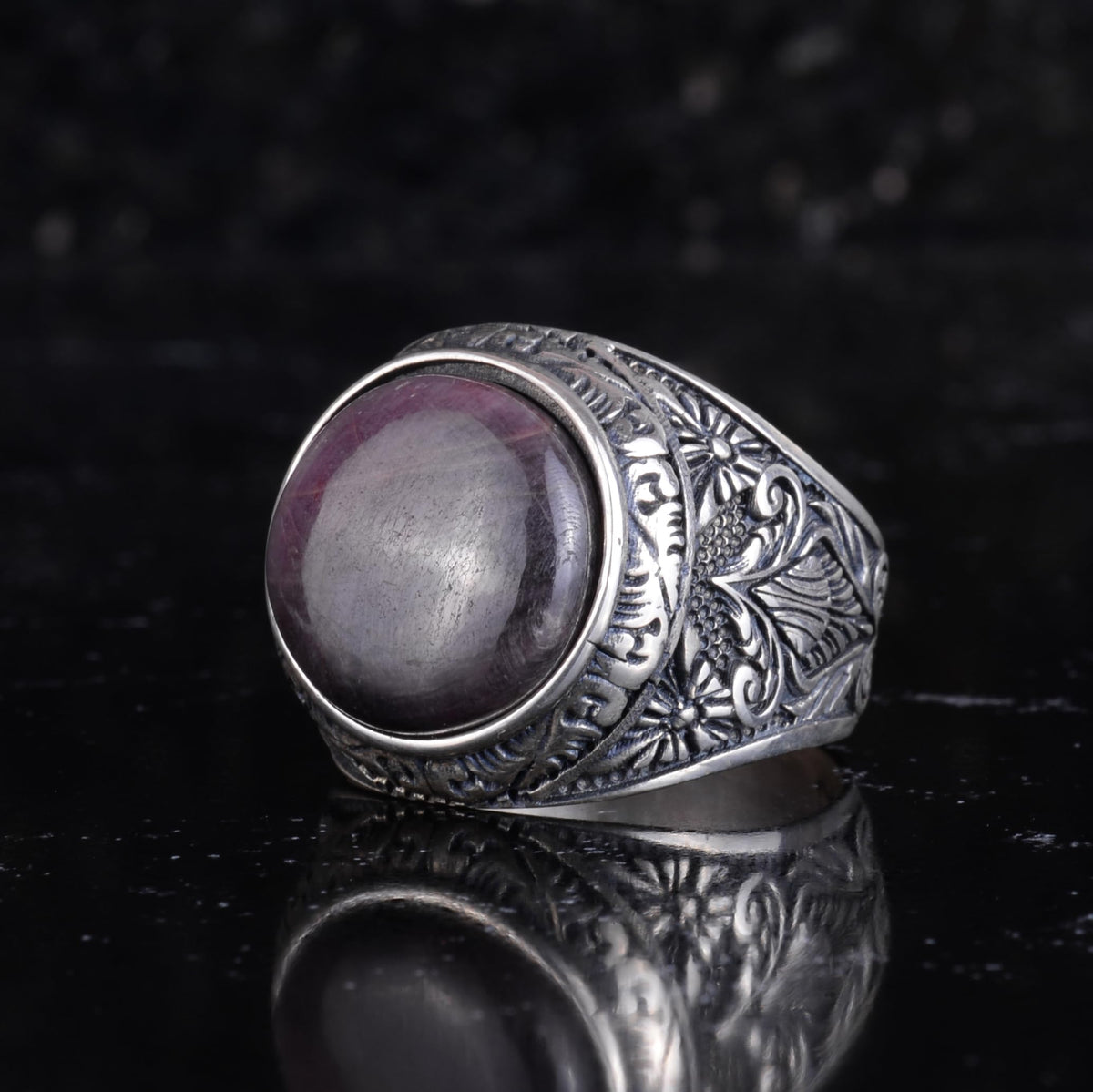 KAMBO Natural Ruby Stone Ring for Men 925 Sterling Silver Handmade Statement Ring Oval Cabochon Ruby — 5