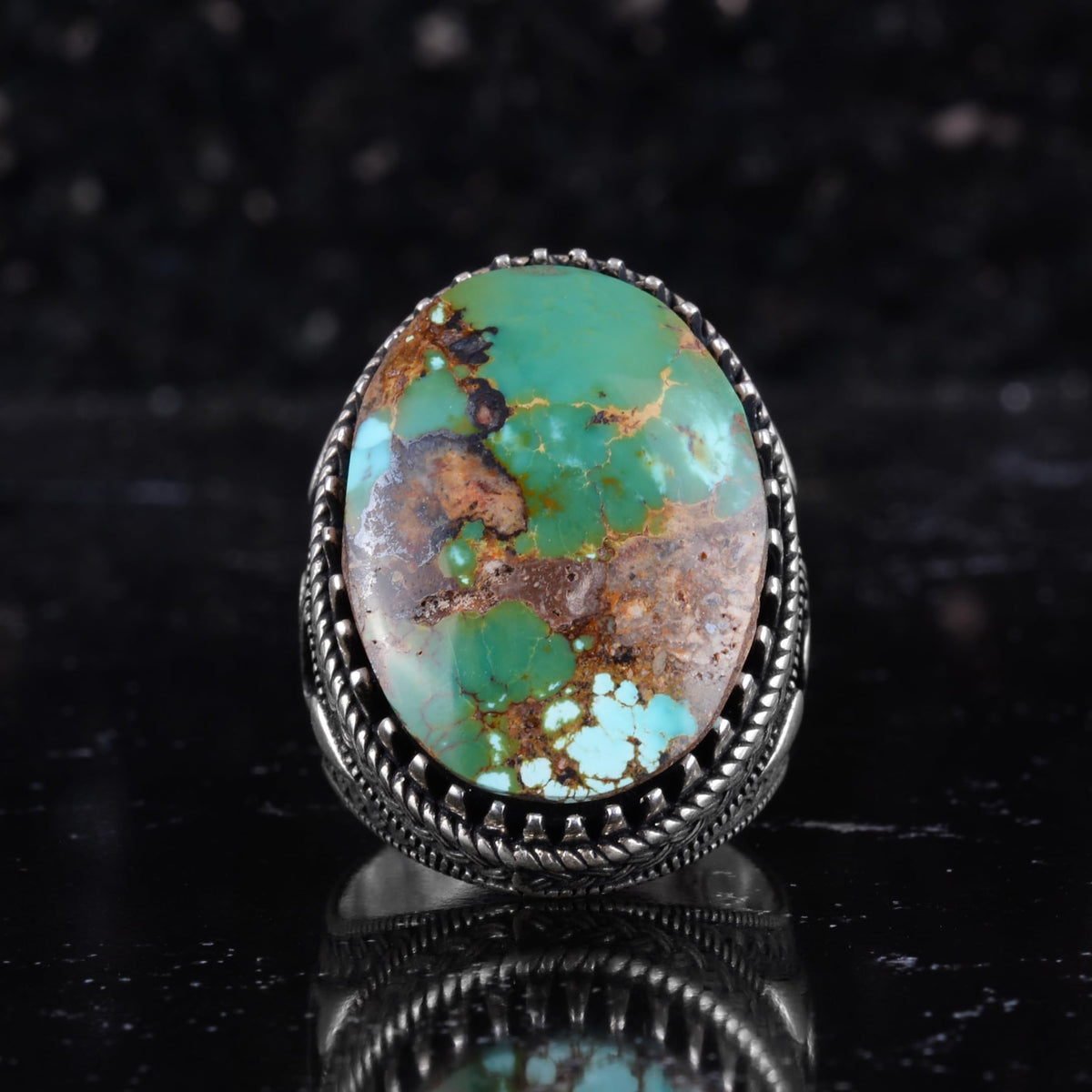 KAMBO Natural Turquoise Stone Ring 925 Sterling Silver Men's Ring Large Oval Stone Ottoman Tugra Style Handmade Vintage Design (Turquoise-1) — 4