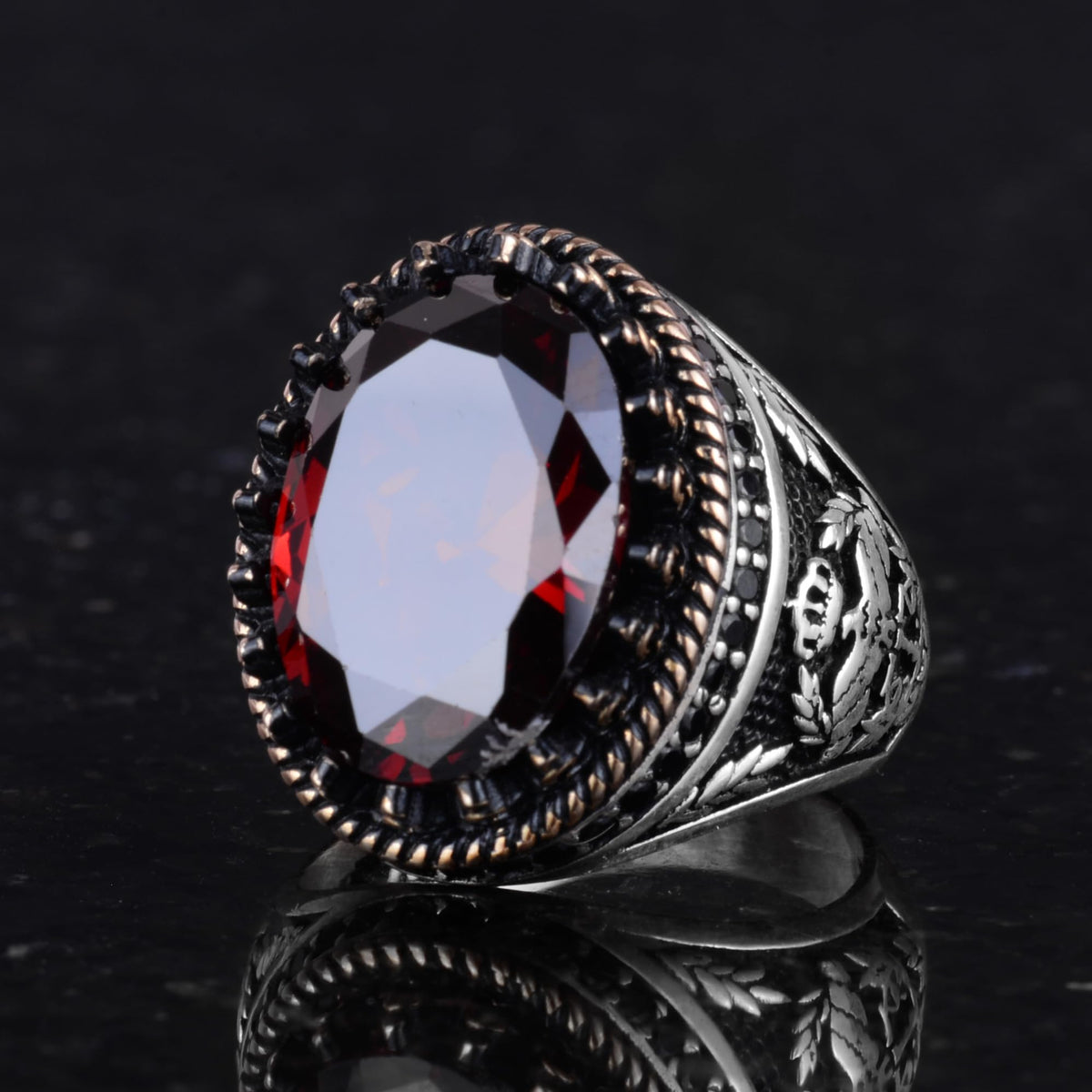 KAMBO 925 Sterling Silver Men's Ring, Created Stone Ring, Eagle Symbol Ring, Handmade Ring (Created Garnet) — 6