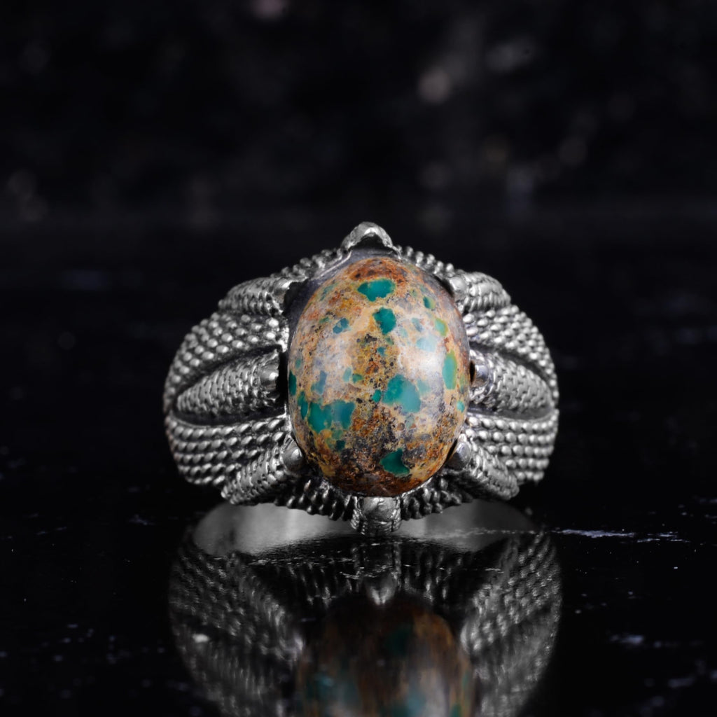 KAMBO Natural Turquoise Men's Ring 925 Sterling Silver – Oval Stone Claw Statement Men's Ring (Turquoise-4) — 4