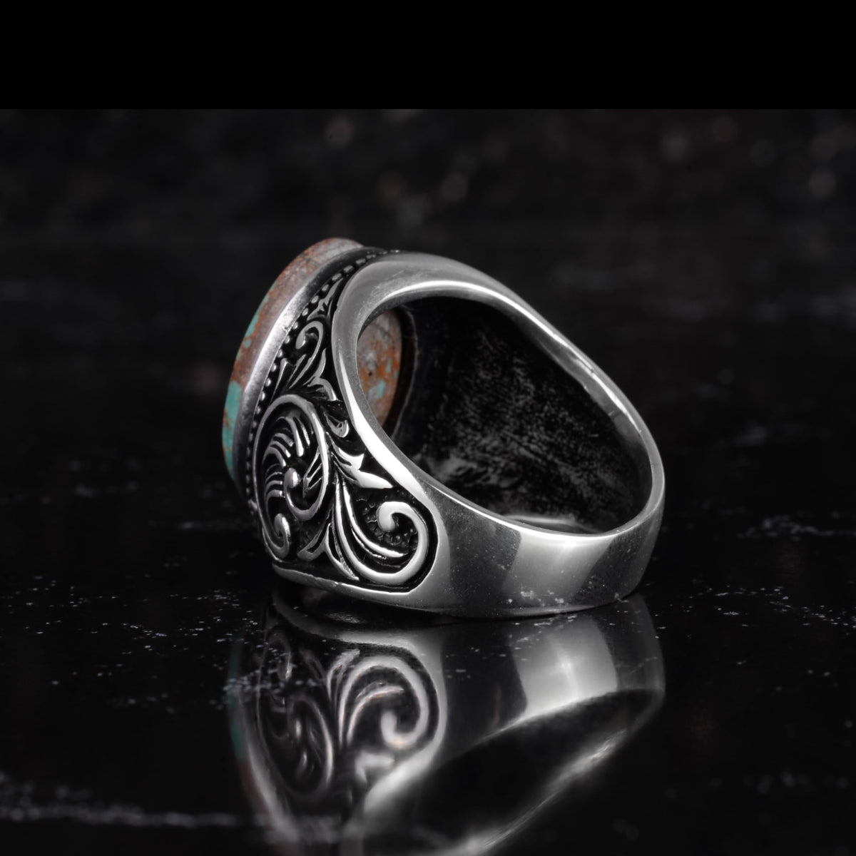 KAMBO Natural Turquoise Stone Men's Ring 925 Sterling Silver Oval Cabochon Ottoman Sliding Pattern Handmade Vintage Style Ring (Turquoise-2) — 7