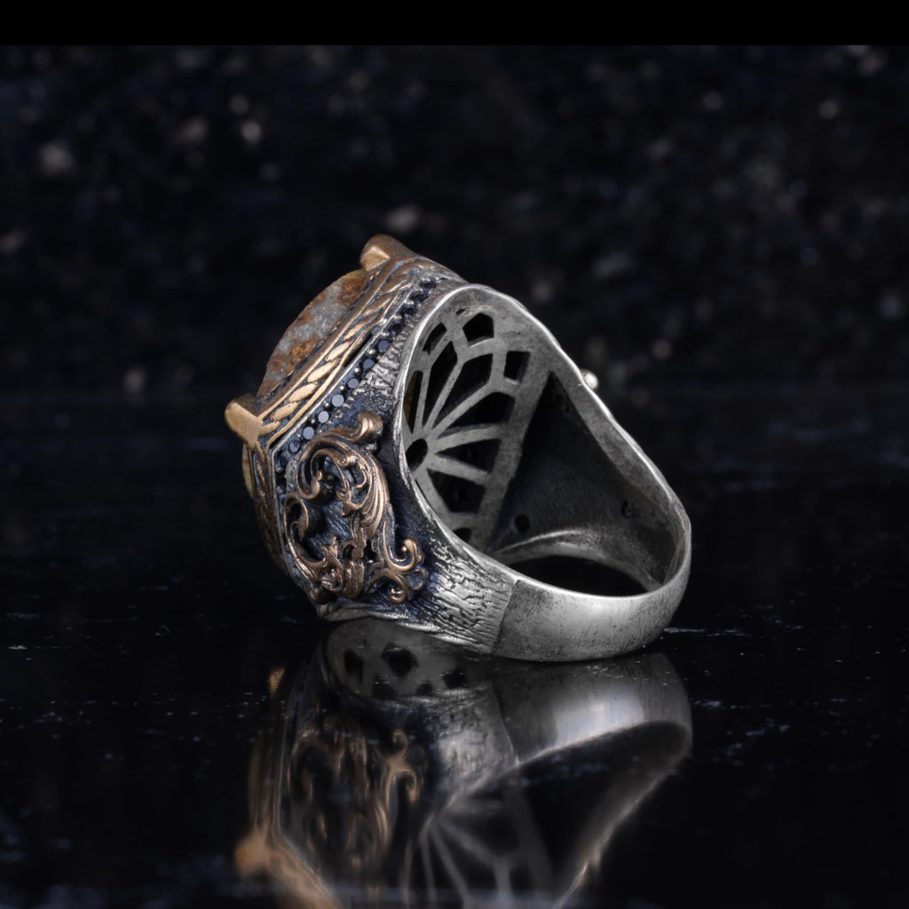 KAMBO Natural Green Turquoise Handmade Ring for Men 925 Sterling Silver Statement Ring Vintage Ottoman Style Thick Masculine Jewelry Gift — 7