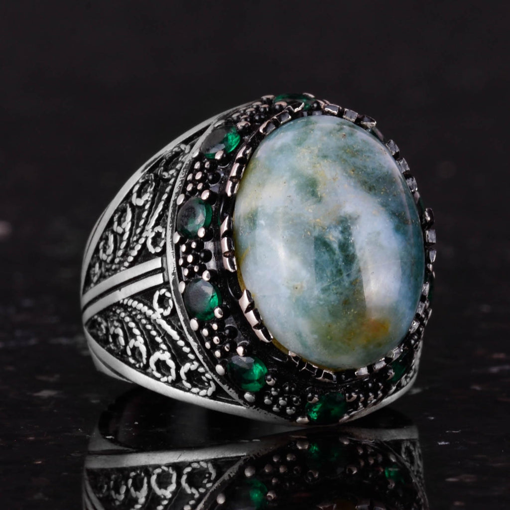 Natural Moss Agate Stone Ring - 925 Sterling Silver Men's Jewelry — 5