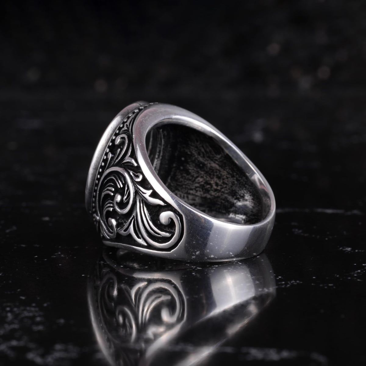 KAMBO Natural Turquoise Stone Men's Ring 925 Sterling Silver Oval Cabochon Ottoman Sliding Pattern Handmade Vintage Style Ring (Turquoise-1) — 7