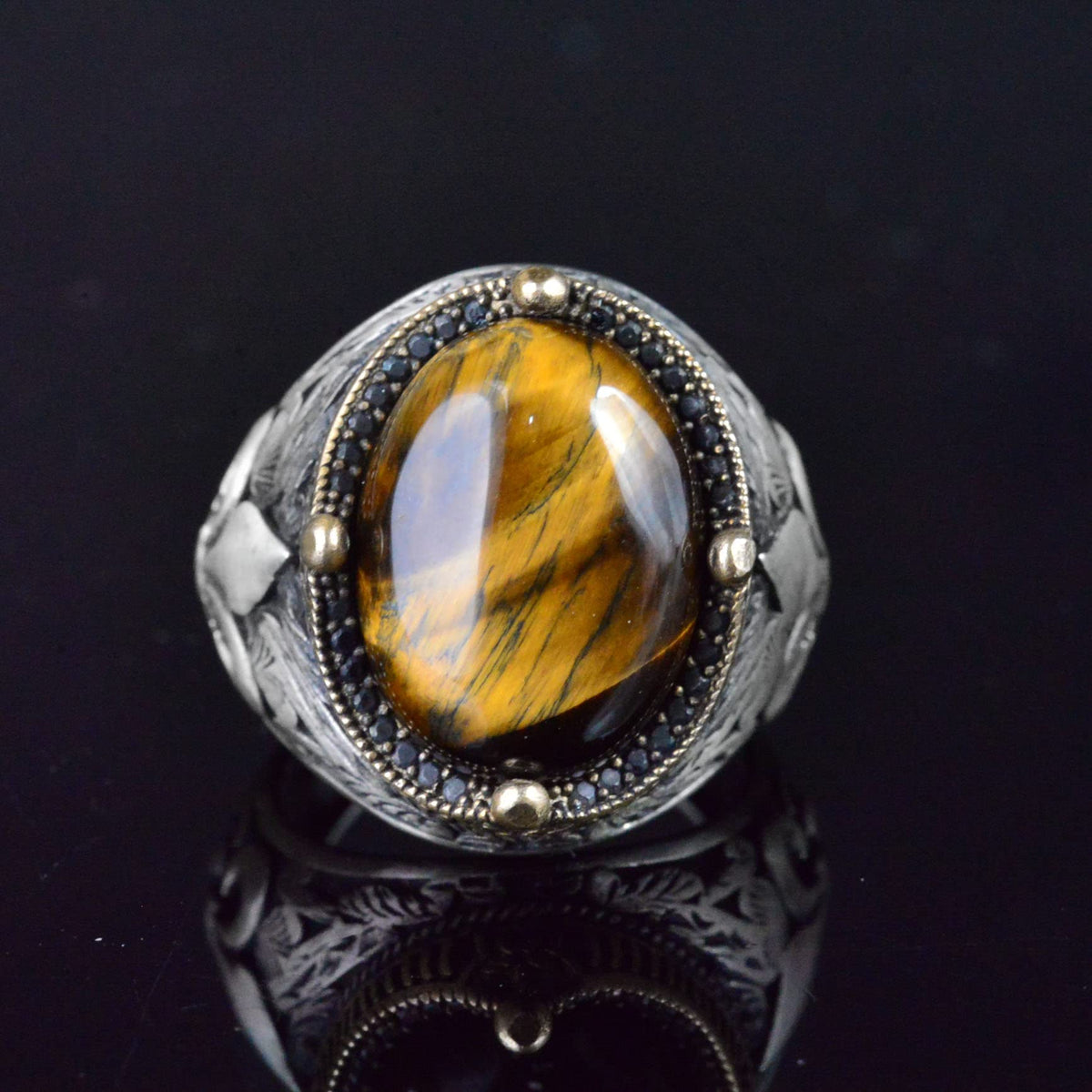 Lily Patterned Silver Ring - 925 Sterling Silver Handmade Men's Jewelry (Tiger Eye) — 2