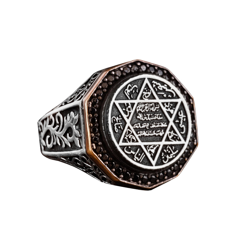 KAMBO Solomon Seal Ring Handmade 925 Sterling Silver Men’s Statement Ring with Onyx Stone and Star of David Jewish Desig