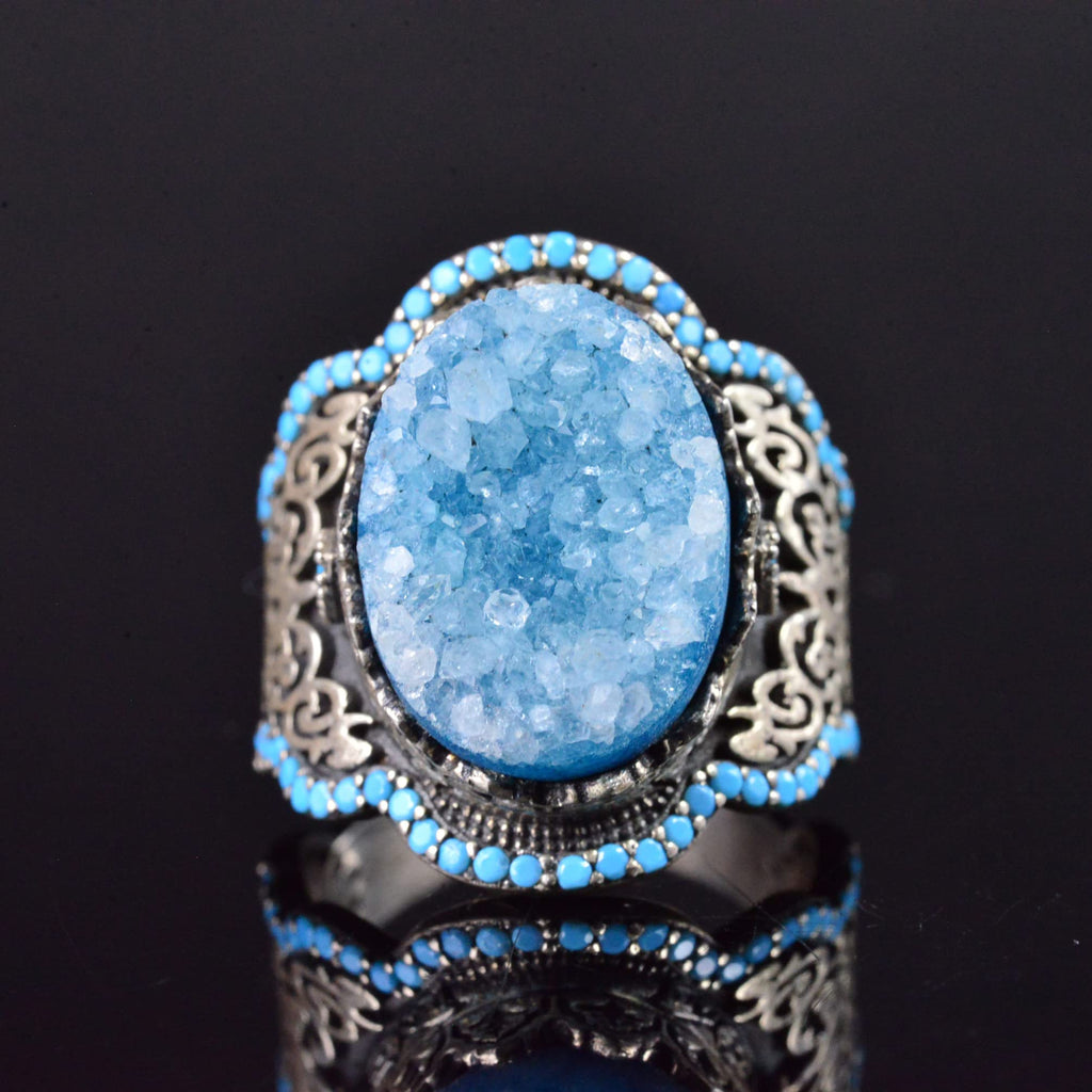Handmade 925 Sterling Silver Men's Ring with Natural Stone - Cultural Design (Blue Drusy Crystal) — 5