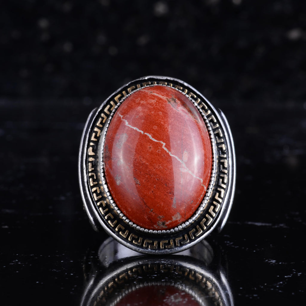 KAMBO Men's Genuine Natural Stone Ring – 925 Sterling Silver Large Statement Ring – Handmade Vintage Design – Dark Silver Ring (Red Jasper) — 4