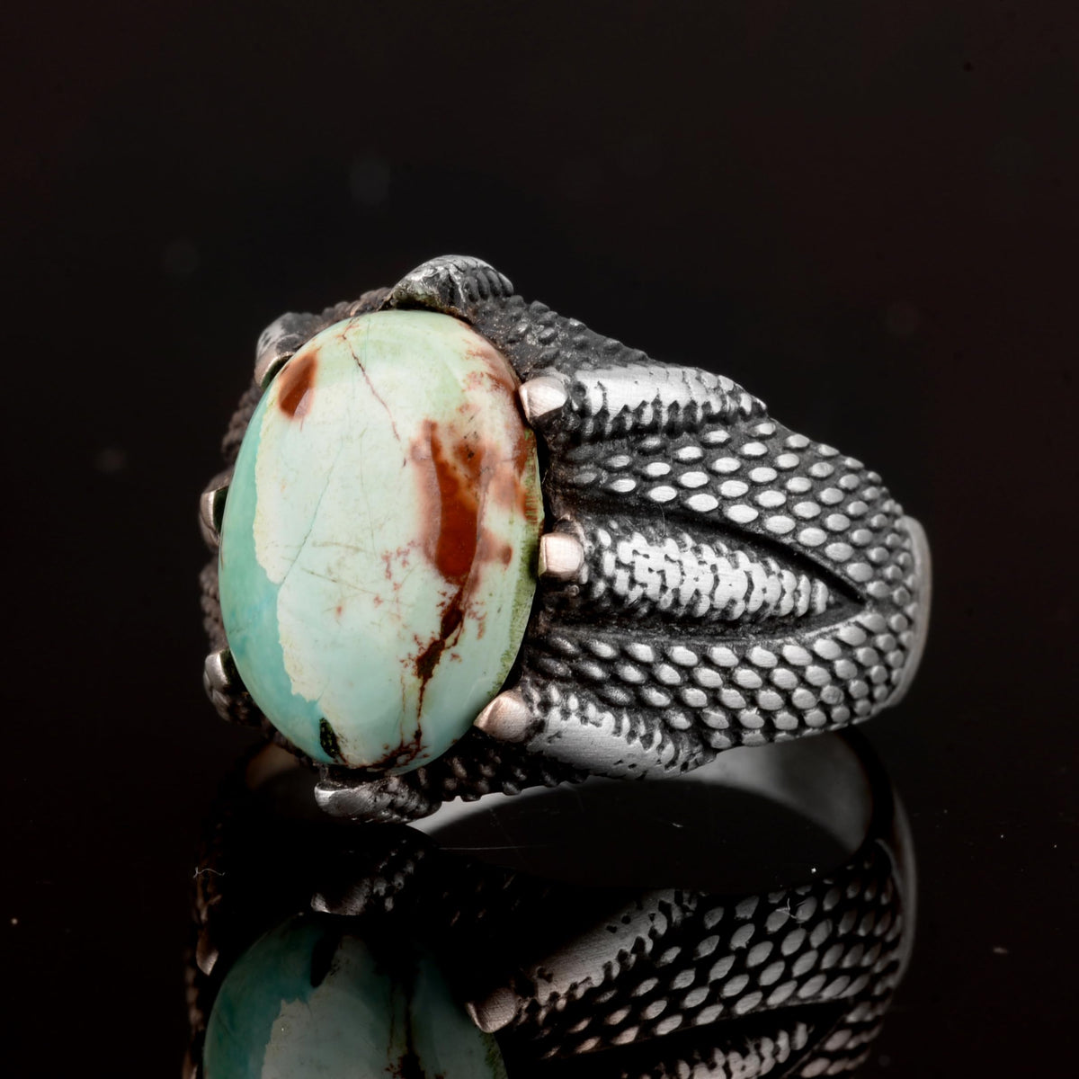 925 Sterling Silver Men's Ring, Natural Arizona Turquoise Stone Ring, Claw Ring — 5