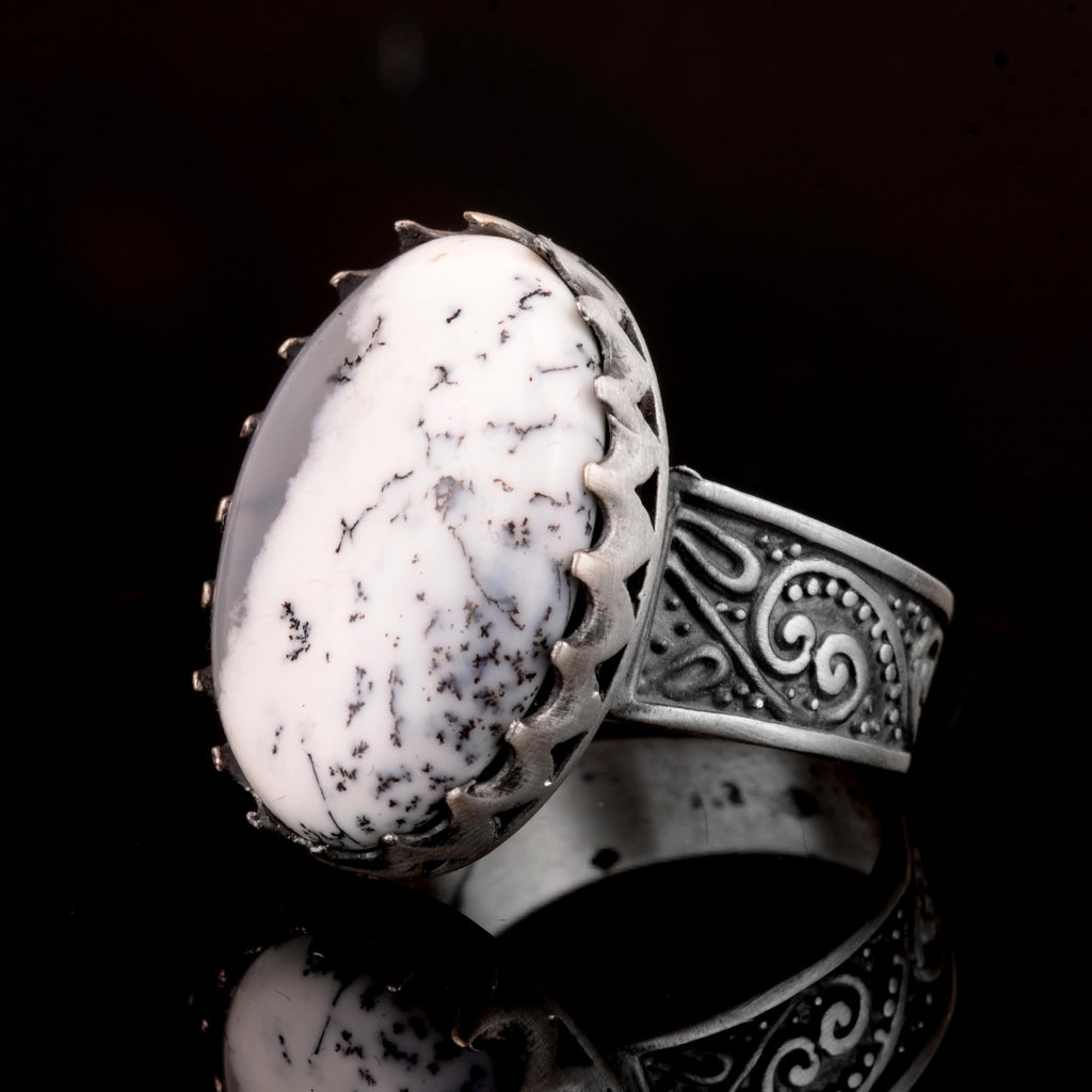 Silver Men's Ring, Dendrite Agate Natural Stone — 5