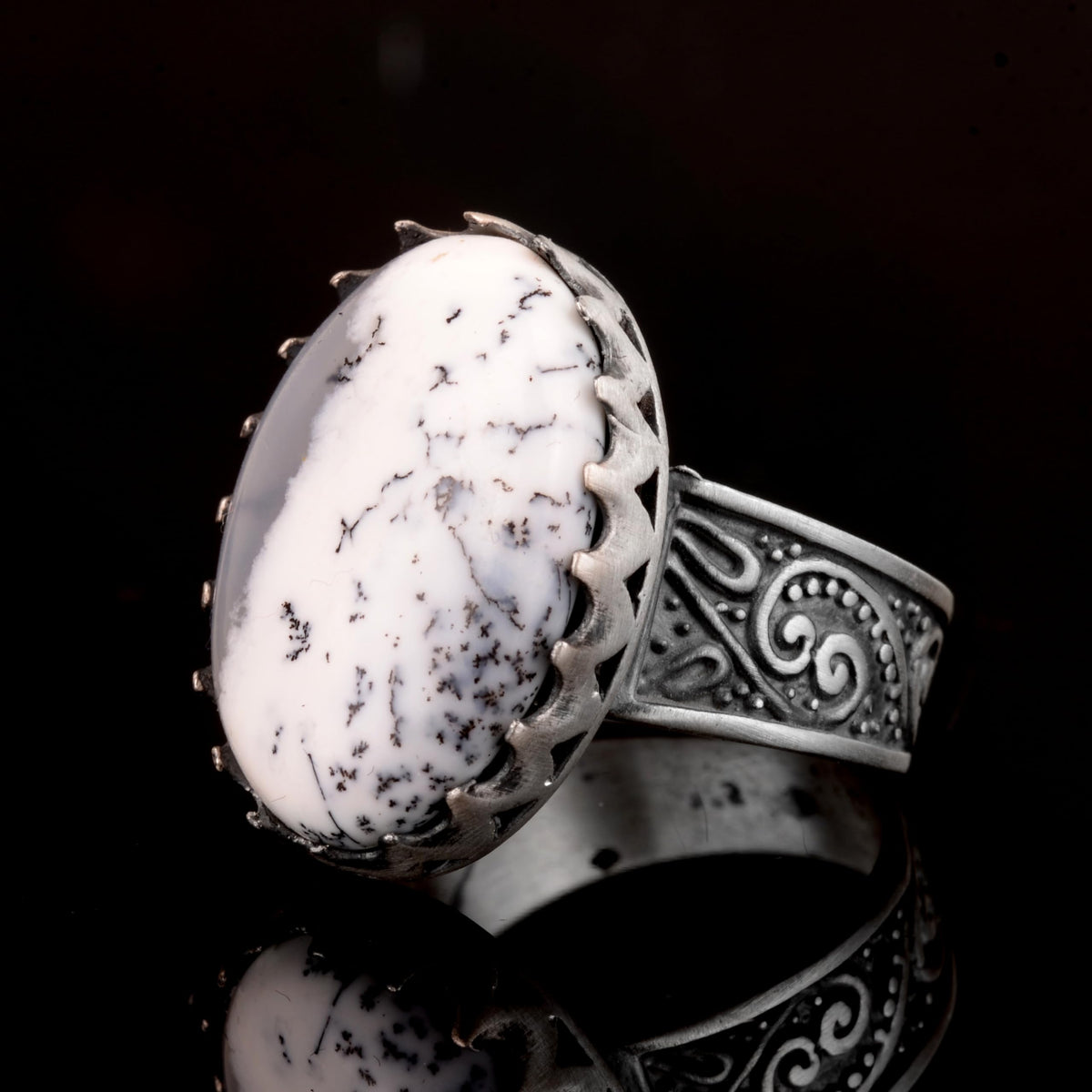 Silver Men's Ring, Dendrite Agate Natural Stone — 5