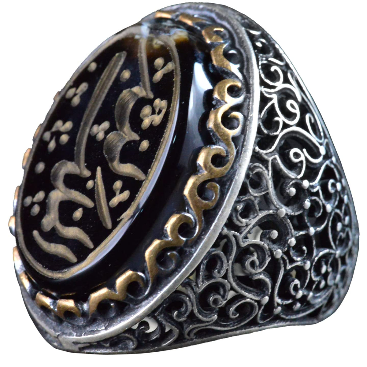 Handmade Islamic Calligraphy Ring - Genuine Amethyst Stone, 925 Sterling Silver