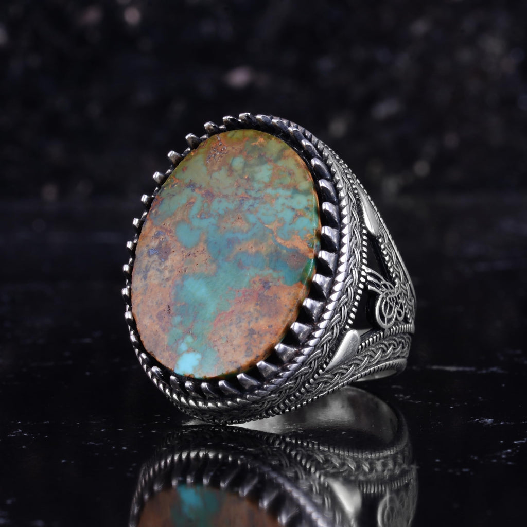 KAMBO Natural Turquoise Stone Large Men's Ring 925 Sterling Silver Oval Cabochon Ottoman Tugra Engraved Handmade Statement Ring (Turquoise-2) — 5