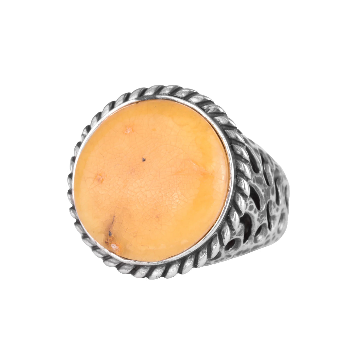 KAMBO Natural Amber Stone Ring – 925 Sterling Silver Handmade Men's Ring – Round Stone Statement Jewelry