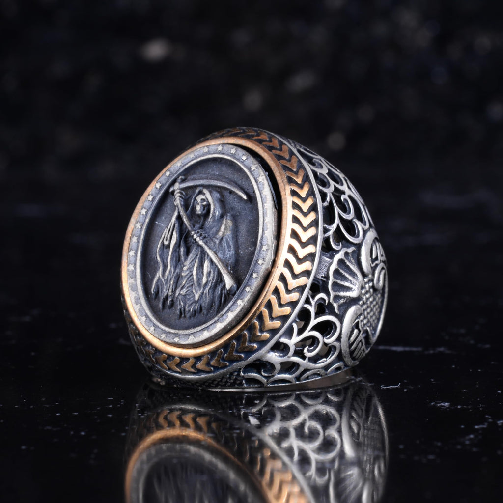 KAMBO Grim Reaper Men's Ring – Death Figure Engraved and Bronze Detailed 925 Sterling Silver Oval Seal Ring – Gothic Handmade Statement Jewelry — 6