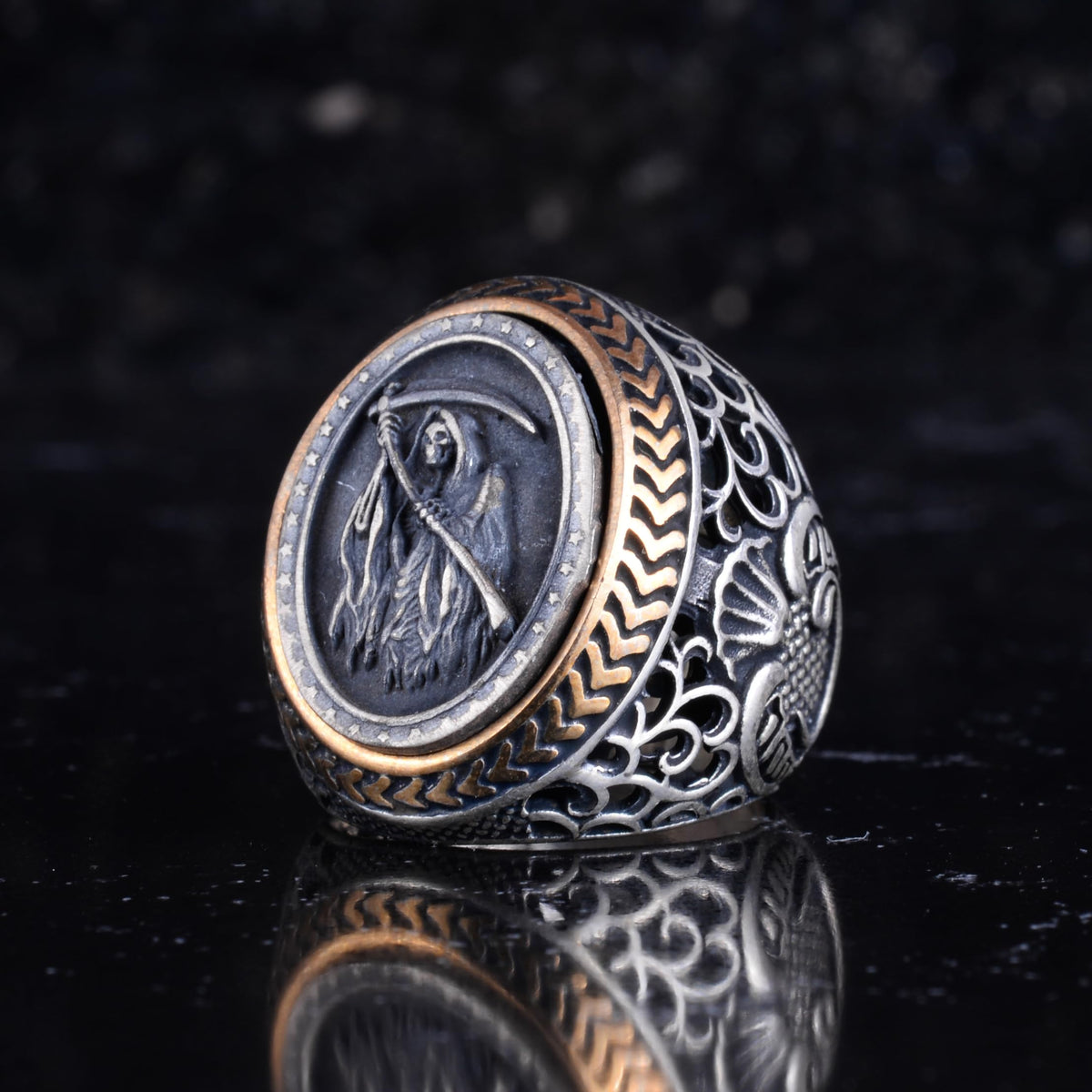 KAMBO Grim Reaper Men's Ring – Death Figure Engraved and Bronze Detailed 925 Sterling Silver Oval Seal Ring – Gothic Handmade Statement Jewelry — 6