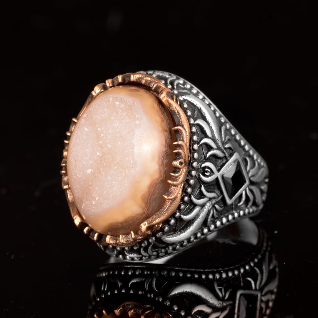 Vintage Men's 925 Sterling Silver Ring - Druzy Quartz (Beige) — 4