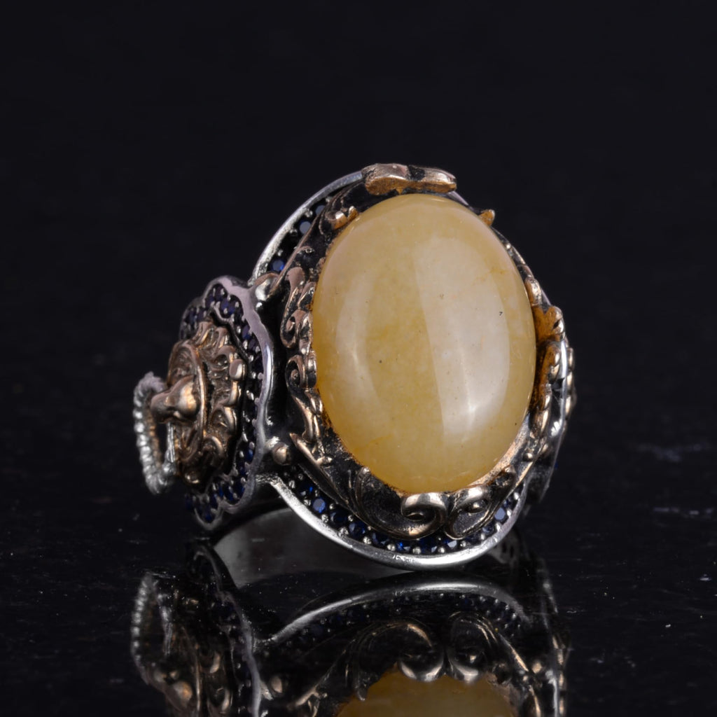 Lion Head Men's Ring, 925 Sterling Silver Ring, Natural Yellow Agate Stone Ring, Silver Men's Ring — 4