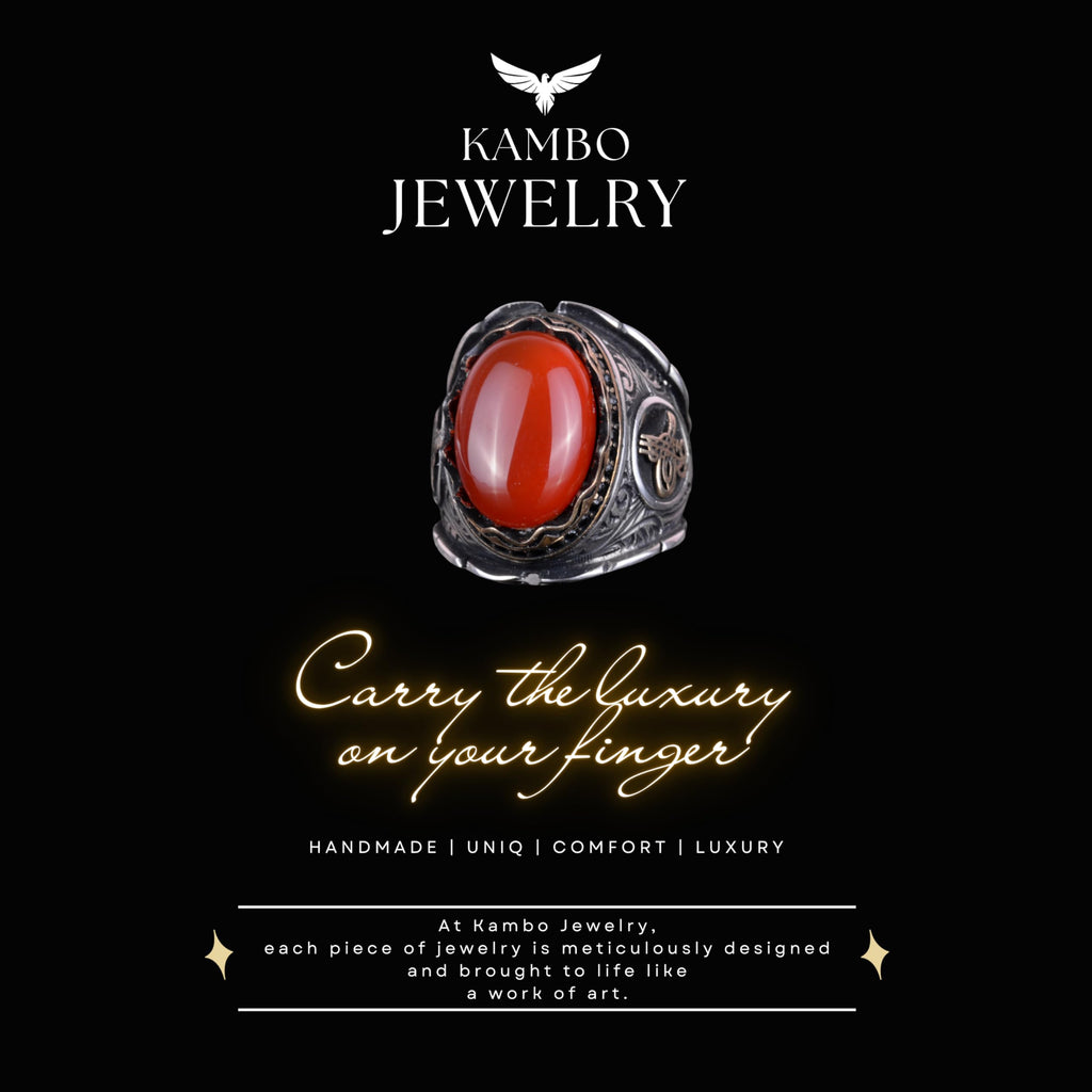 Handmade Natural Red Agate Stone Ring, Ottoman Silver Tugra 925 — 3