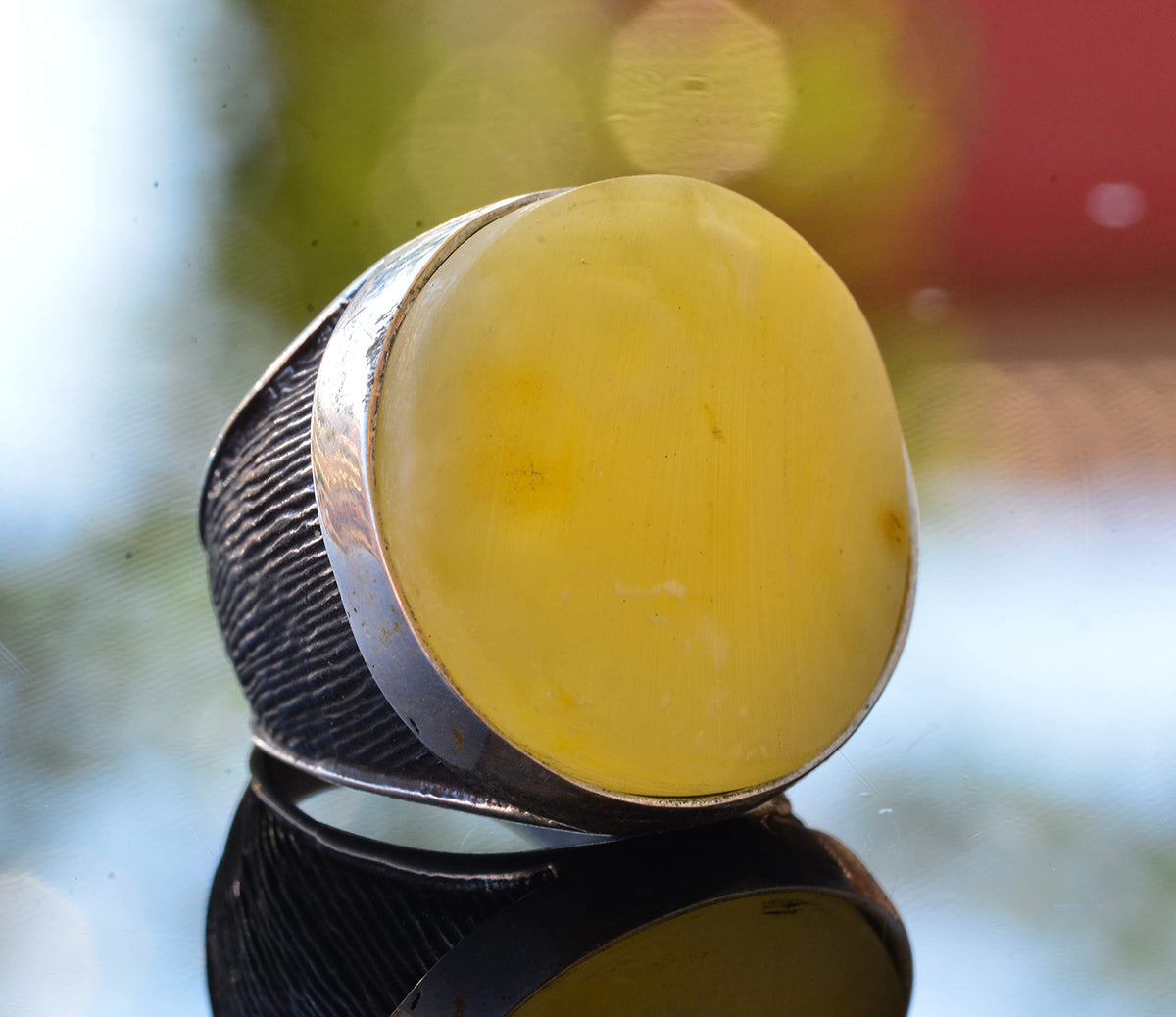 Natural Amber Large Round Stone Ring, 925 Sterling Silver Men's Ring — 3