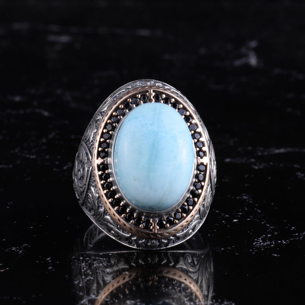 Men's Natural Stone Large Ring – Oval Stone Vintage Byzantine Engraved Statement Ring - Antique Filigree 925 Sterling Silver Jewelry (Larimar) — 4