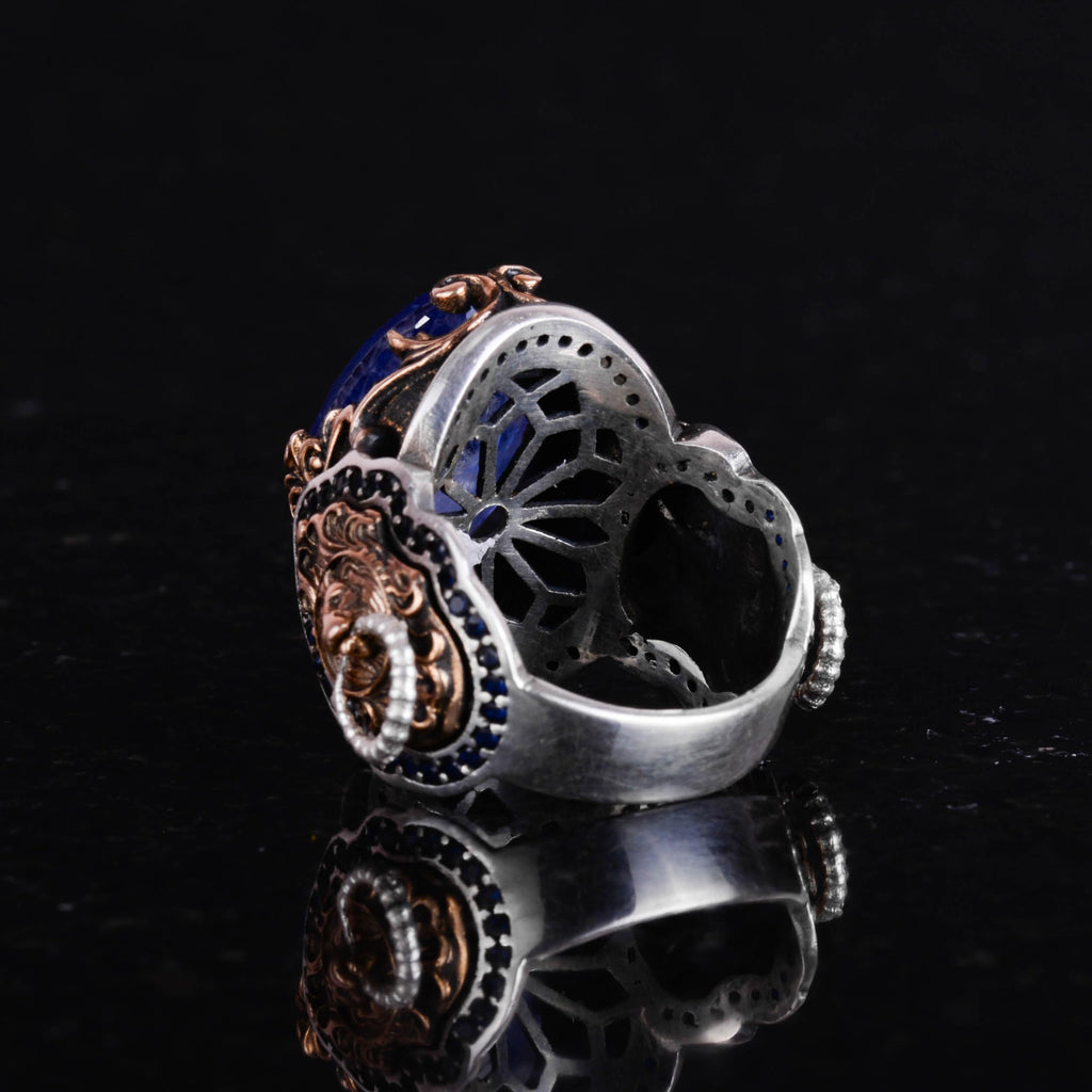 Lion Symbol Ring, Blue Artificial Paraiba Stone Ring, 925 Sterling Silver Ring, Stylish Handmade Silver Men's Ring — 6