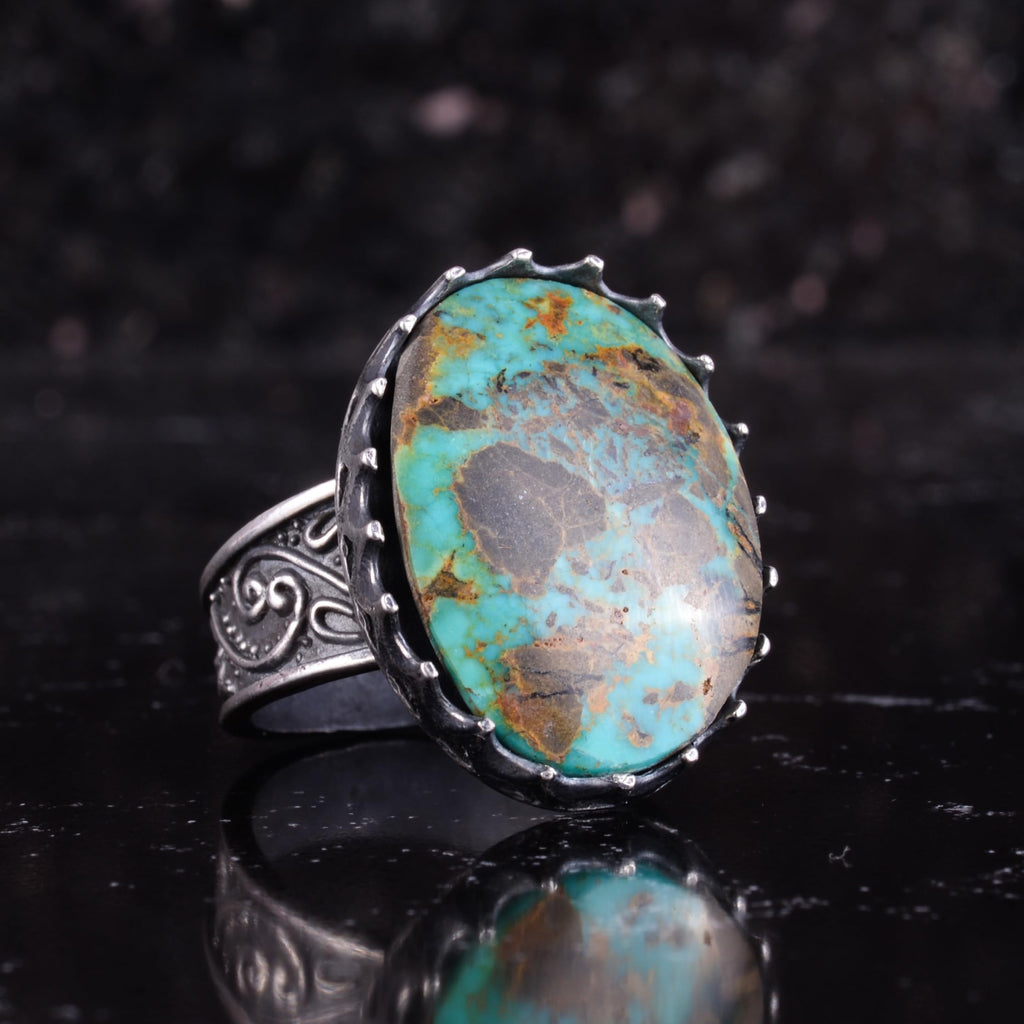 KAMBO Natural Arizona Turquoise Stone Large Men's Ring 925 Sterling Silver Crown Frame Oval Cabochon Ottoman Pattern Handmade Statement Ring (Turquoise-) — 6