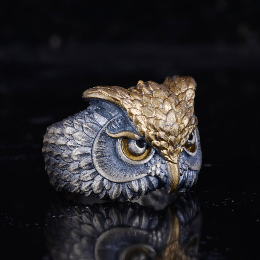KAMBO 925 Sterling Silver Owl Head Ring – Symbol of Wisdom and Protection – Handmade Gothic Unisex Animal Jewelry (Gold Plated) — 6