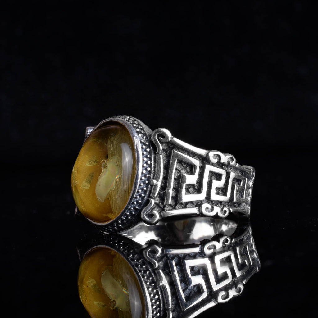 KAMBO Natural Amber Stone Men's Ring – 925 Sterling Silver Labyrinth Design Vintage Style Ring (Amber-2) — 5