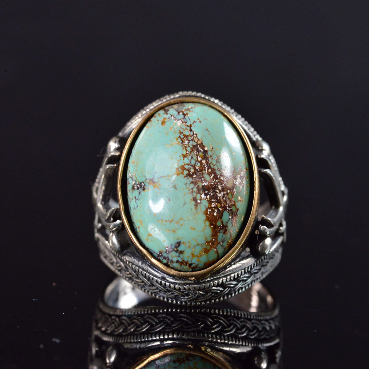 Natural Turquoise Stone Ring - Detailed Men's Ring - 925 Sterling Silver Ring — 3