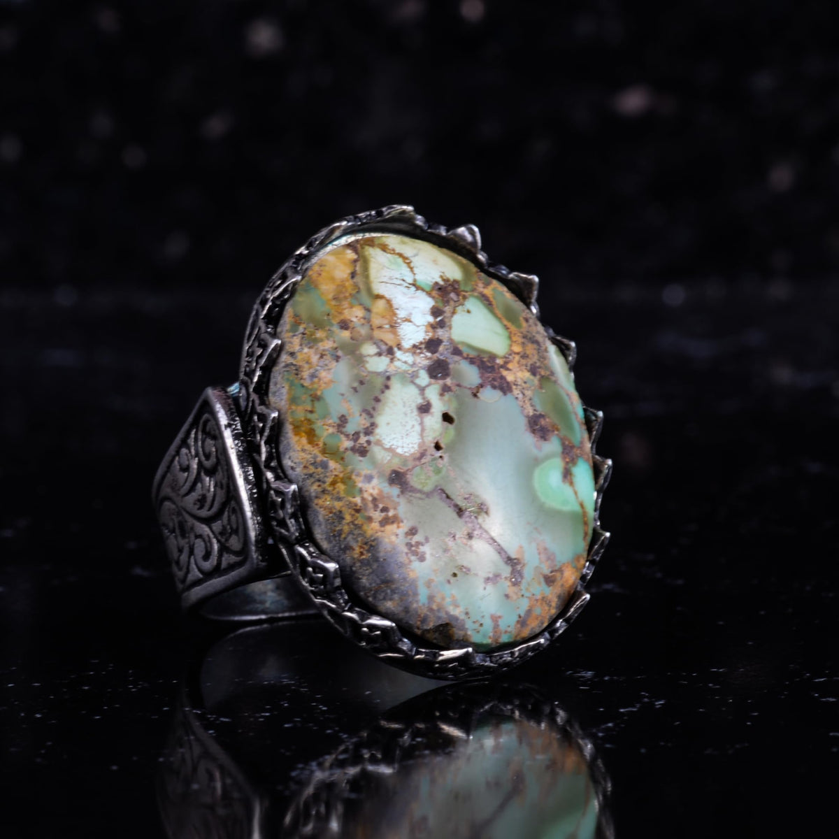 KAMBO Natural Turquoise Large Men's Ring 925 Sterling Silver Oval Statement Ring Raw Stone Vintage Handmade Ring (Turquoise-4) — 6