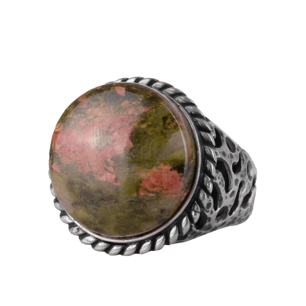 KAMBO Men's Unakite Stone Ring – Round Natural Unakite Stone 925 Sterling Silver Ring – Handmade Oxidized Silver Statement Ring