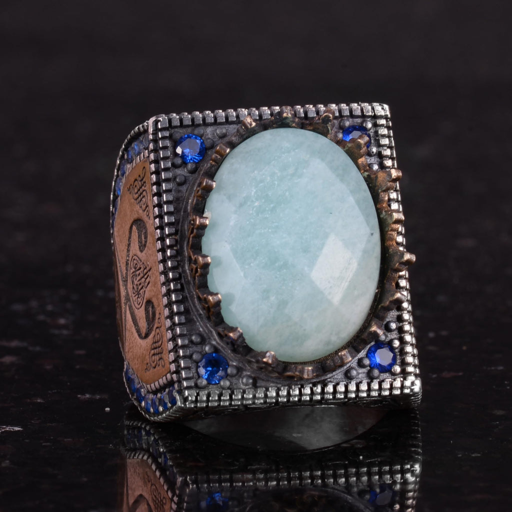 Natural Amazonite Stone Ring - 925 Sterling Silver Islamic Ring - Handmade Calligraphy Ring — 5