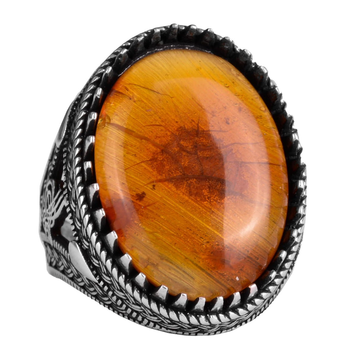 KAMBO Ottoman Tugra Design Natural Amber Stone Ring - 925 Sterling Silver Handmade (Model-2)