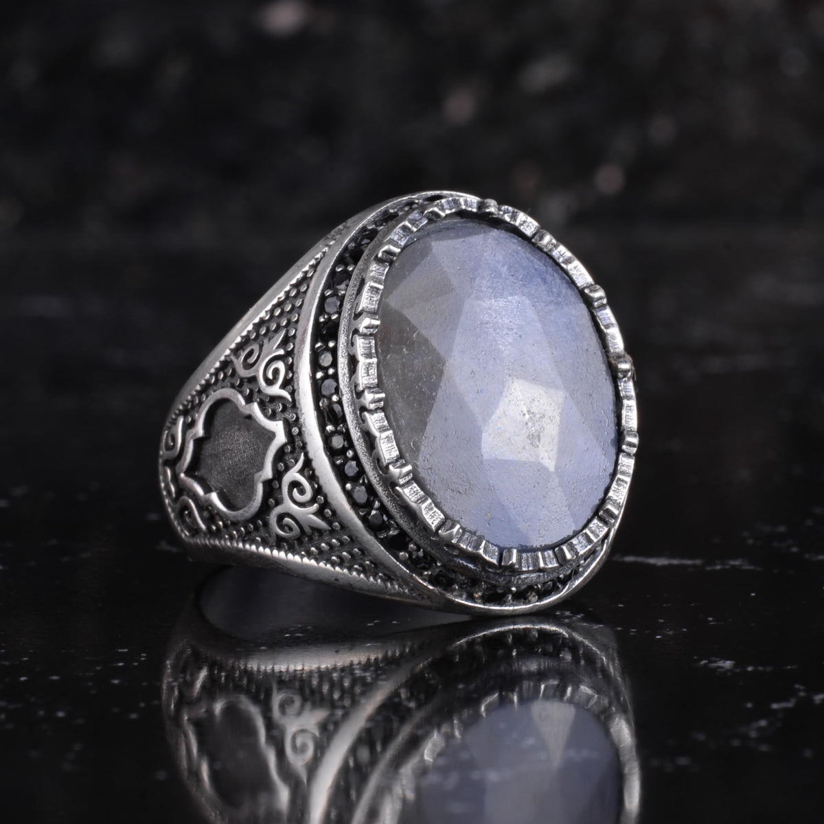 Natural Sapphire Stone Men's Ring 925 Sterling Silver Tooth Frame Black Stone Halo Handmade Statement Ring (Blue Sapphire-1) — 6